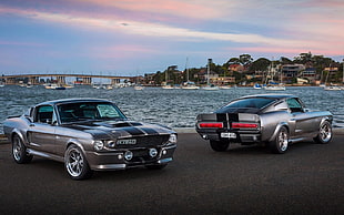 photo of two gray and black coupes near body of water