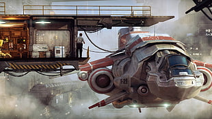 red and gray spaceship, spaceship, futuristic, science fiction, fantasy art