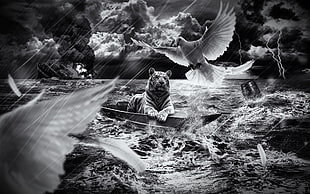 gray scale photo of tiger and dove on ocean water