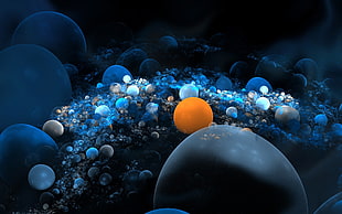 yellow and black gemstones, fractal, blue, sphere, orange