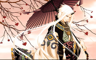 white haired male anime character with umbrella fan art