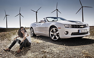 women's white tank top, women, Chevrolet Camaro, women with cars, curly hair HD wallpaper