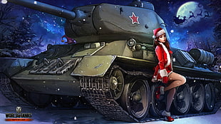 World of Tanks game wallpaper, video games, World of Tanks, anime, Santa hats