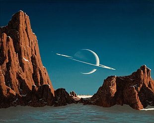 brown rock mountains painting, artwork, space art, planet, landscape