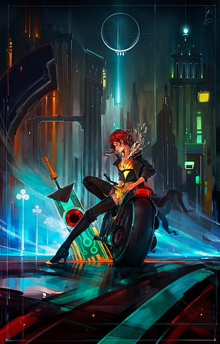 red-haired female sitting on sports car digital wallpaper, Transistor, video games, artwork