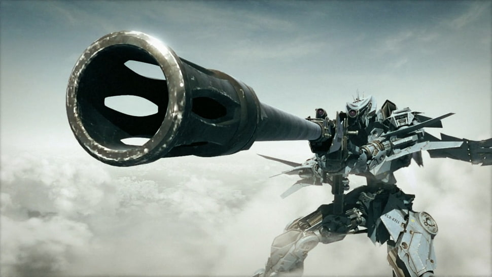 grey and black robot holding rifle display wallpaper HD wallpaper