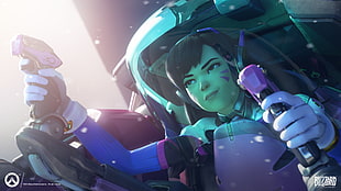 woman wearing white top holding wheels digital wallpaper, Blizzard Entertainment, Overwatch, D.Va (Overwatch), Hana Song