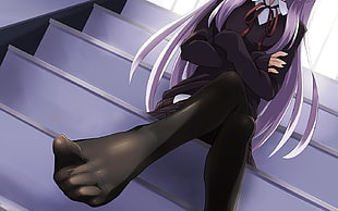purple haired anime character sitting on stair
