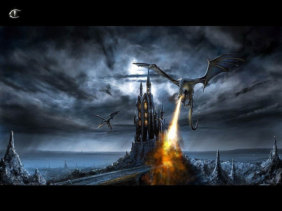 dragon surround on castle digital wallpaper, fantasy art, dragon HD wallpaper