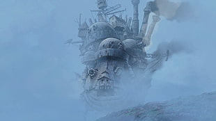 sailing ship surrounded by fog illustration, Howl's Moving Castle