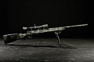 gray and black assault sniper with scope, gun, sniper rifle, rifles, scopes