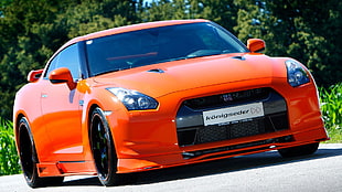 orange coupe, Nissan GT-R, Nissan, orange cars, car