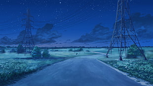 concrete road painting, power lines, clouds, starry night, Everlasting Summer HD wallpaper