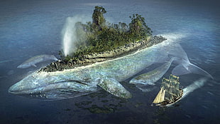 ship sailing near whale shaped island digital wallpaper, whale, island, ship, sea