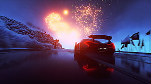 black silhouette of car, Driveclub, car, fireworks, video games