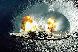 gray aircraft carrier, ship, water guns