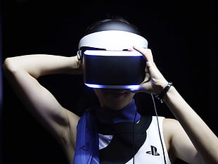 woman wearing VR box