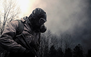 man wearing gas mask and brown suit, war, mask, venetian masks, gas masks