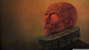 human head figure with gold-colored earring digital wallpaper, Zdzisław Beksiński, dark, painting, brown
