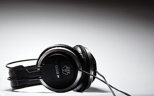 black corded headphones, headphones, music