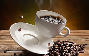 white ceramic coffee mug and saucer, coffee, coffee beans, cup, drink