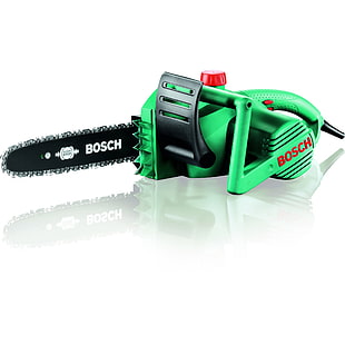 green and black Bosch corded chainsaw against white background