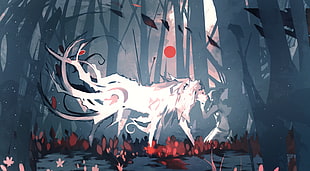 white animal painting, artwork, Nano Mortis, wolf, forest