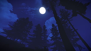 silhouette of pine trees, rust, video games, Moon, night