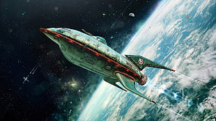 gray and red spacecraft painting