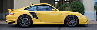 yellow sports coupe, car, Porsche 911 Turbo, multiple display, dual monitors HD wallpaper