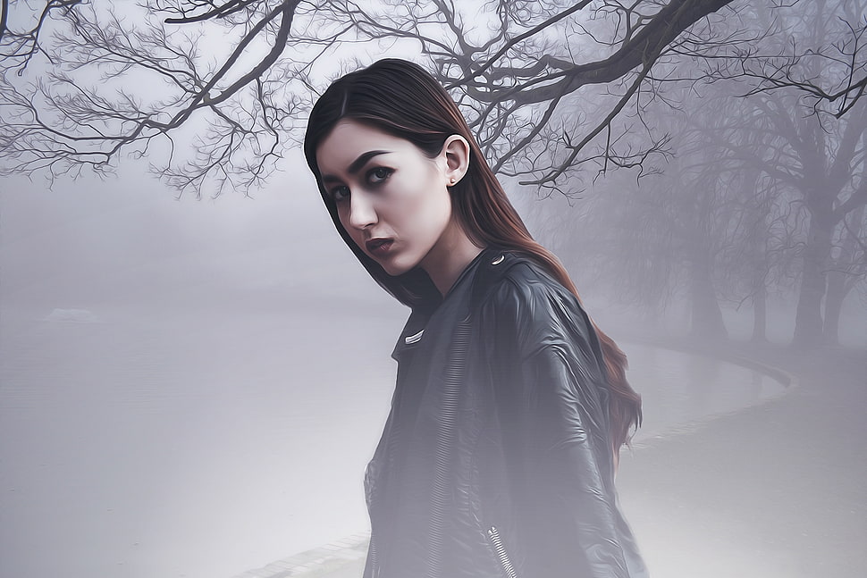 photo of woman wearing black leather jacket with tree and fog background HD wallpaper