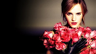 red flower lot, Emma Watson, gloves, hazel eyes, rose HD wallpaper
