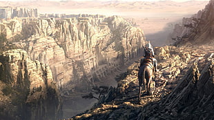 man riding horse near mountain cliff illustration