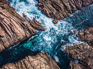 body of water, rocks, sea, waves, aerial view