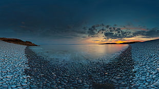 body of water, beach, sunset, rock, sea HD wallpaper