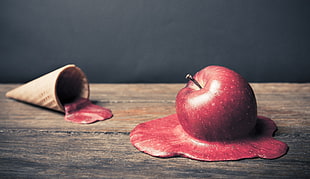 red apple on top of brown wooden table HD wallpaper