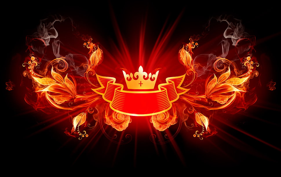 red and white flower decor, fire, crown HD wallpaper