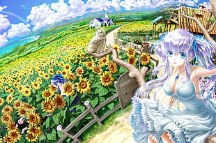 purple haired female anime, sunflowers, owl, white dress