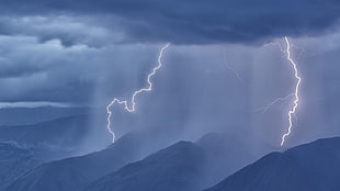 lightning struck unto mountains during nighttime, nature, landscape, hills, mountains