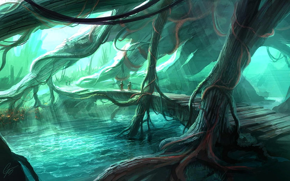 tree root cave illustration, fantasy art, digital art HD wallpaper