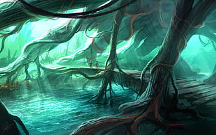 tree root cave illustration, fantasy art, digital art