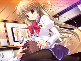 female anime character with brown hair wearing white and blue school uniform