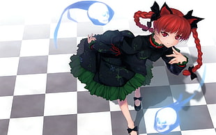 red-haired anime character wearing green and black long-sleeved dress
