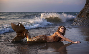 photo of mermaid on seashore HD wallpaper