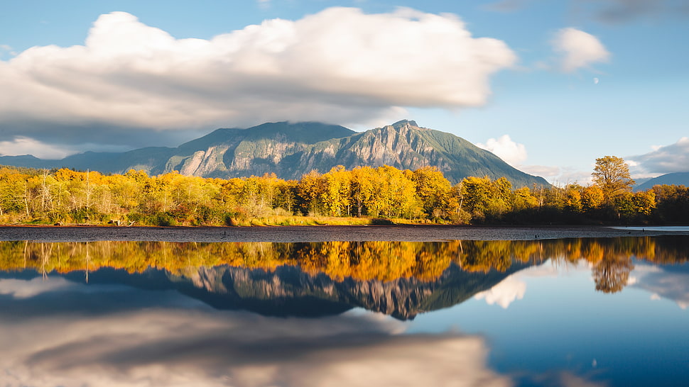 white clouds, landscape, mountains, water, reflection HD wallpaper