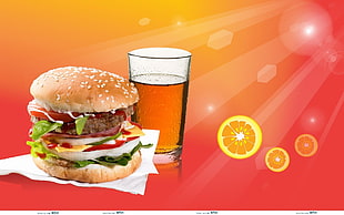 burger and glass of beverage digital art HD wallpaper