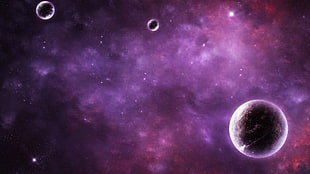 brown planet, space art, purple, planet, nebula