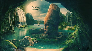 human head statue painting, Maya (civilization), sailing ship, birds, cave HD wallpaper