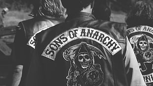 man wearing black Sons of Anarchy jacket