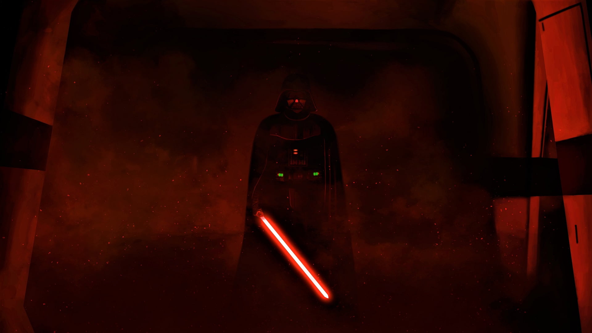 Star Wars character holding red lightsaber